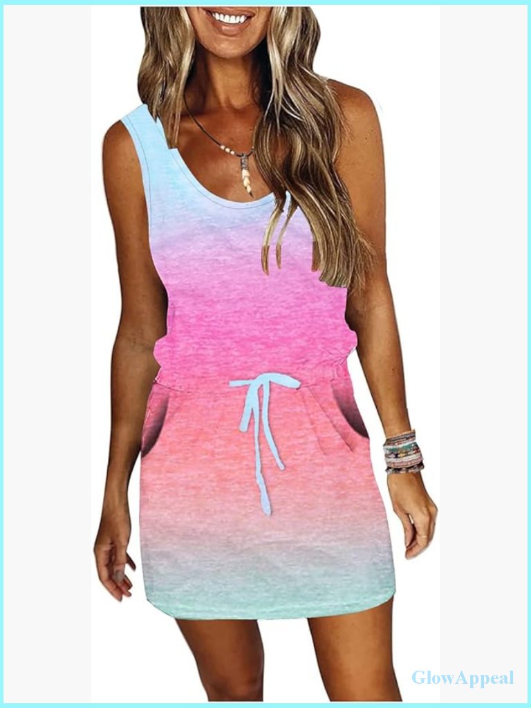 Sleeveless Striped T-Shirt Dress With Pockets And Tie Waist